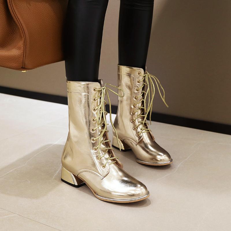 

INS hot women mid-calf boots plus size 22-28cm length Metallic foreign trade roman booties autumn and winter woman shoes, Gold