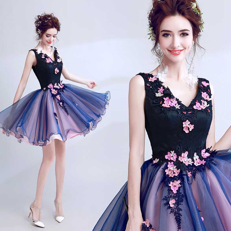 

SSYFashion New Luxury Lace Flower Cocktail Dresses V-neck Sleeveless V-neck Appliques Sweet Banquet Formal Party Gowns Custom, As pic