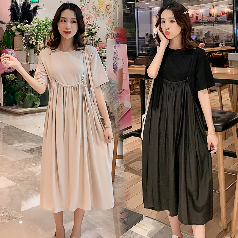 

6641# Maternity Dress Solid Color Summer Cotton Short Sleeve Loose Stylish two-piece Dress for Pregnant Women Mom, Black