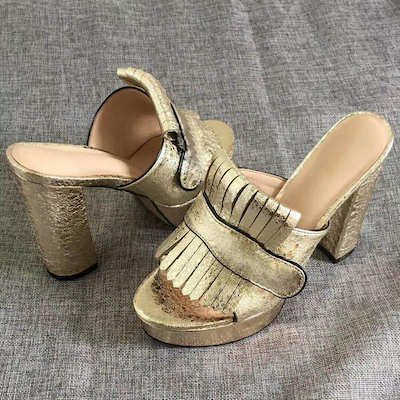 

andals High Heels Platform Slide Suede Leather with Fringe Double Tone Hardware Vintage Mid-heel Designer Shoes, Color 12