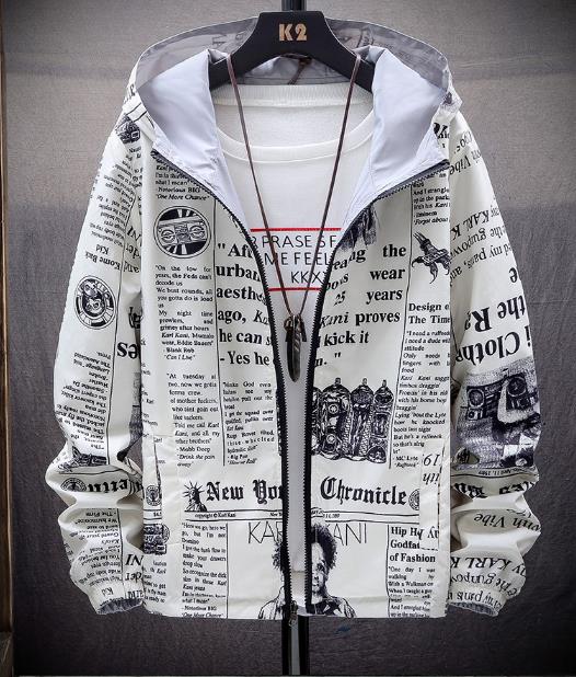 

New Strewear On both sides Newspaper Printed Fashion Jacket Men Thin Hooded Jackets Windbreakers Clothing Plus Size, Green