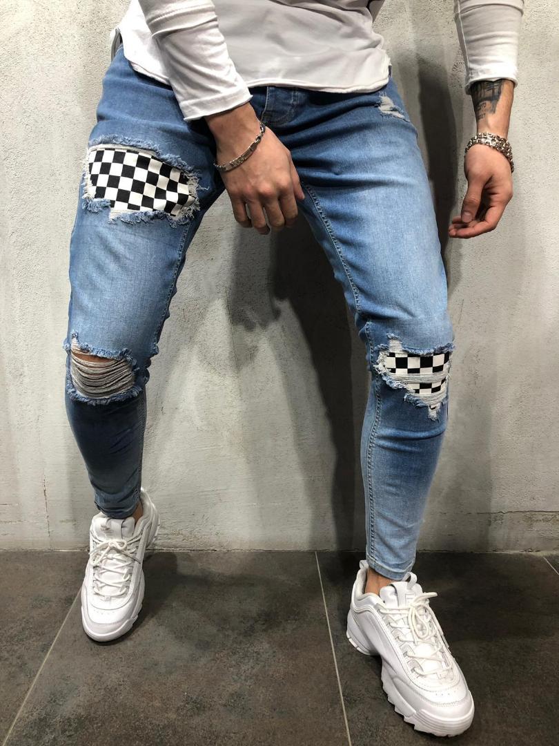 

Men Stretchy Ripped Skinny Plaid Patchwork Jeans Destroyed Hole Taped Slim Fit Denim Scratched High Quality Jean, L0011 black