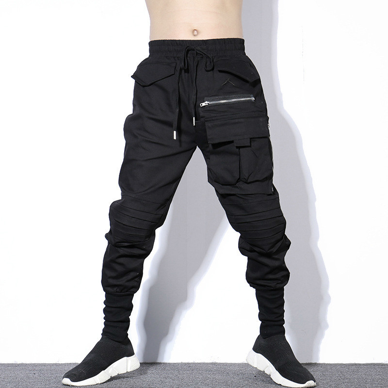 

#1719 Autumn Winter Black Pleated Pencil Harem Pants Men Plus Size HipHop Pants Mens With Big Pockets Zipper Korean Streetwear, 1904 black