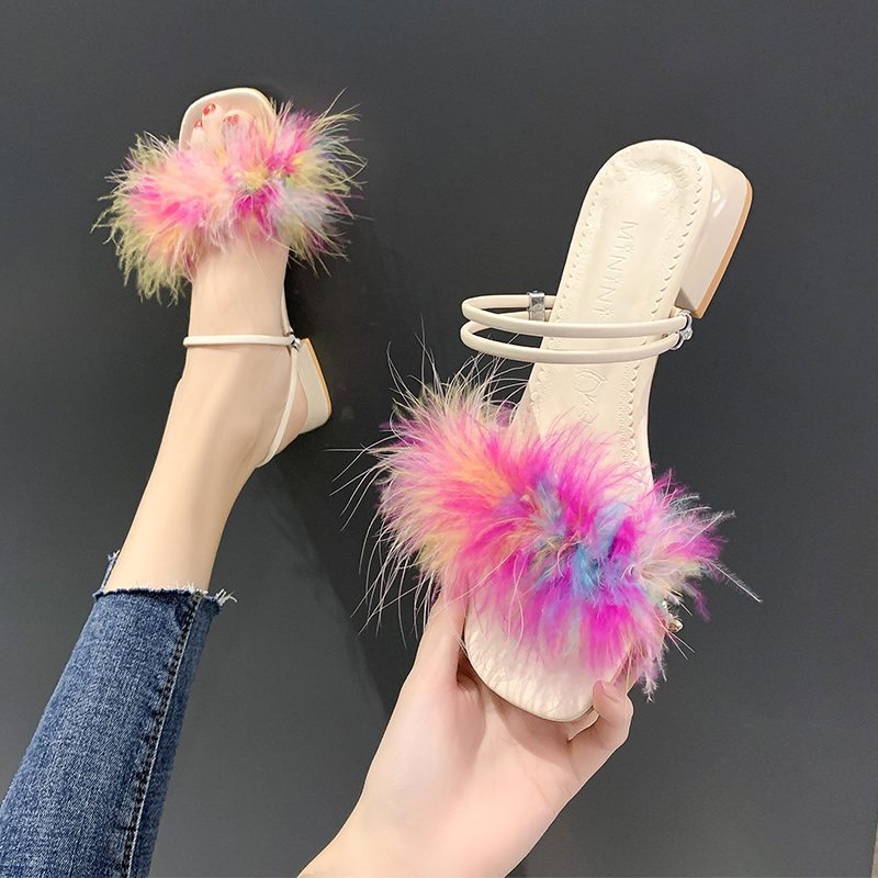 

Shoes Ladies' Slippers Fur Flip Flops Square heel Med Luxury Slides Slipers Women Flock Plush Block Designer 2020 Rome Hoof