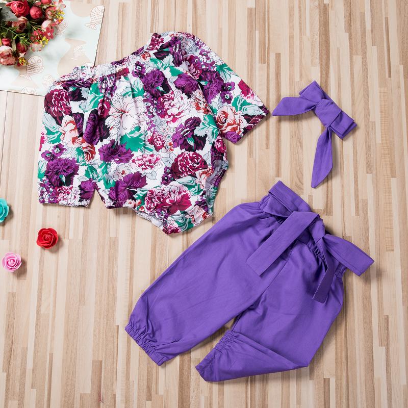 

0-24Months long sleeve flower Bodysuits+Solid color Bloomers+Headband 3pcs clothing set for New born infant baby girls Clothes, As pic