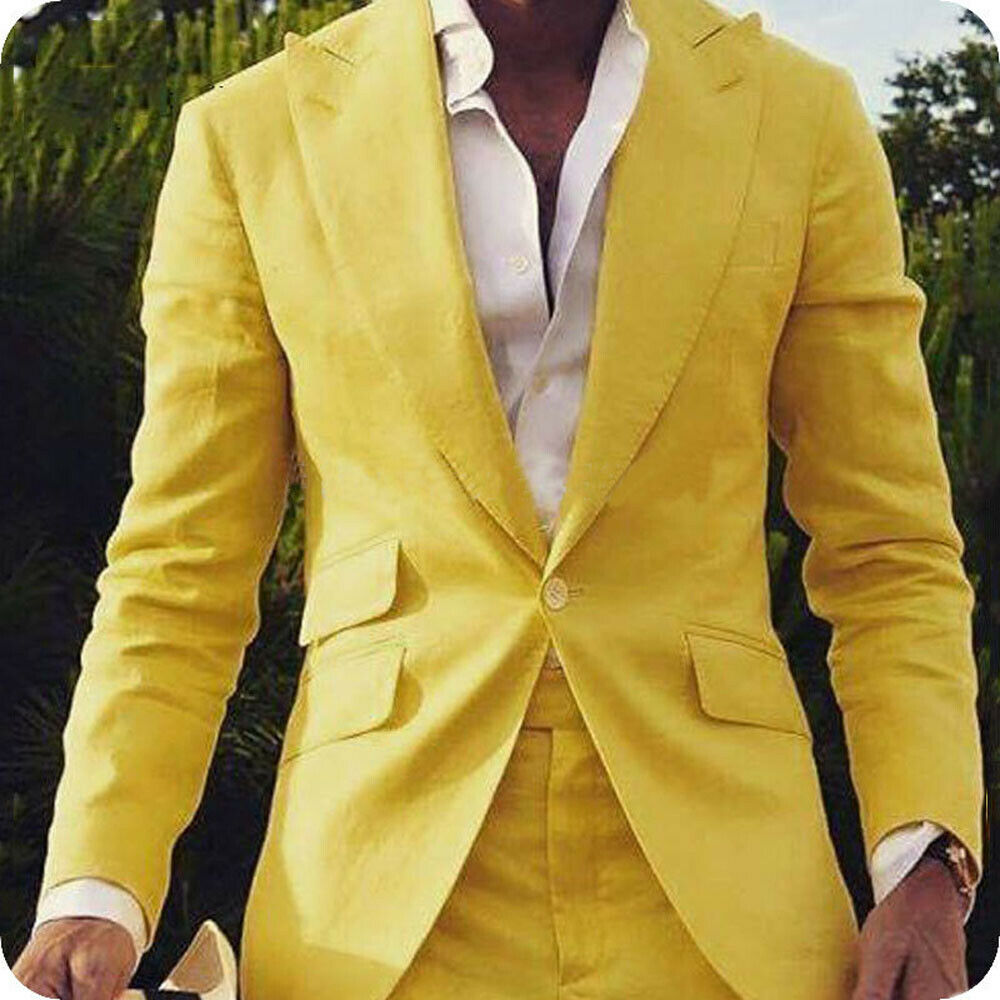 Hot Yellow Mens Tuxedos Groom Costumes De Mariage Un Bouton Peaked Lapel Plus La Taille Prom Party Blazer Costume (Veste + Pantalon)