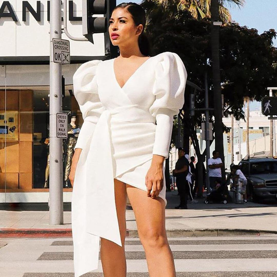 

Solid Color V-neck Wrapped Chest Puff Sleeve Dress Bowknot Long Sleeve Slim Dress, Black