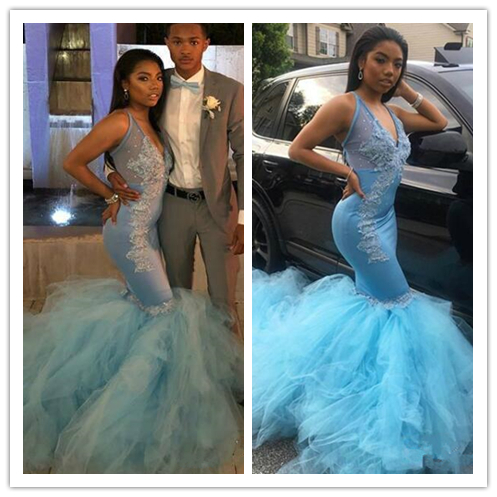 Sweep Strain Mermaid Prom Dresses Blue Lace Applique Illusion V Neck Arabic Formal Evening Party Gowns Elegant Evening Formal Dresses 2020