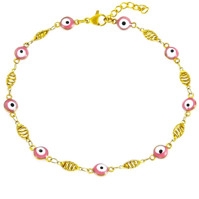 

6MM Enamel Beads Stainless Steel Bracelet Gold Overlay with Colorful Mini Evil Eye Style Adjustable Ankle Bracelet with Extender