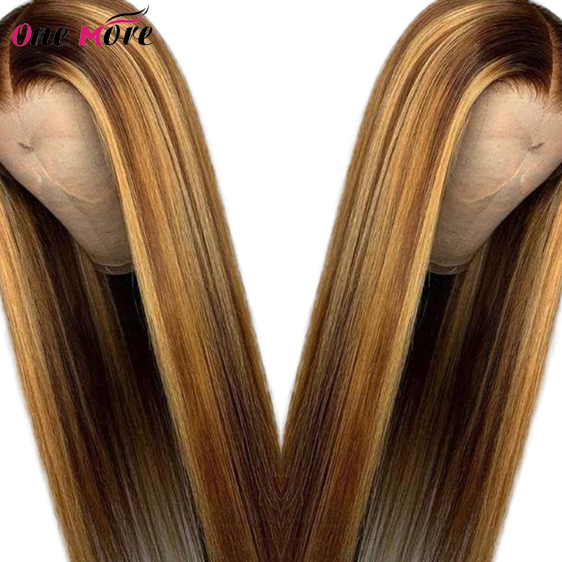 

Ombre Honey Blonde Highlight 360 Lace Frontal Wig Brazilian Straight Remy Hair Wigs Color 4/27 Pre plucked Hairline For Women, As pic