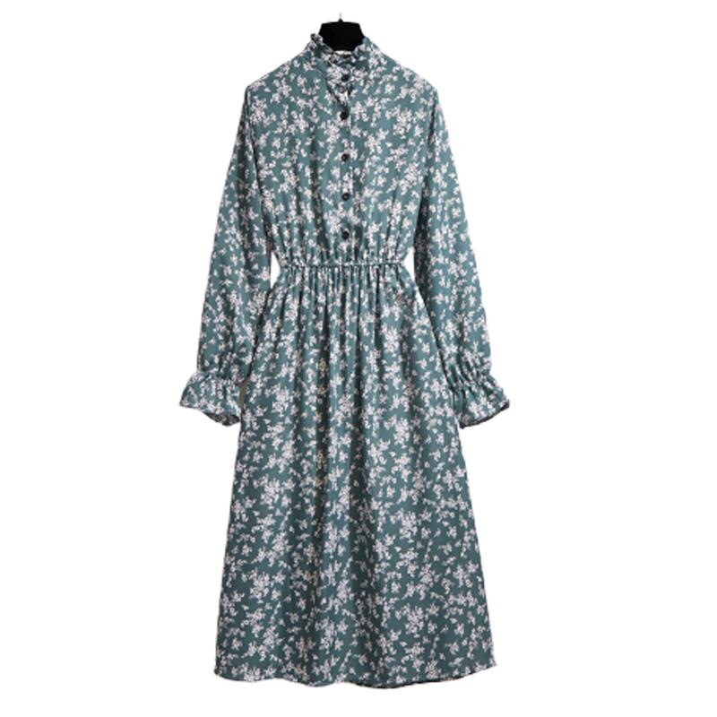 

Sexy Spring summer Dress Women Floral Autumn Long Sleeve Elastic Waist Button Stand collar Print Vintage Party Dresses Vestidos