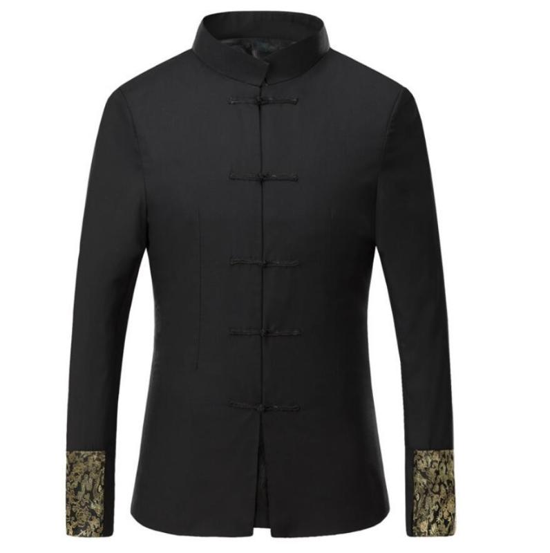 

Retro Tang Suit Chinese Traditional Clothes Golden Dragon Embroidery Oriental Button Design Suit Jackets Mens Tunic Wedding, Black
