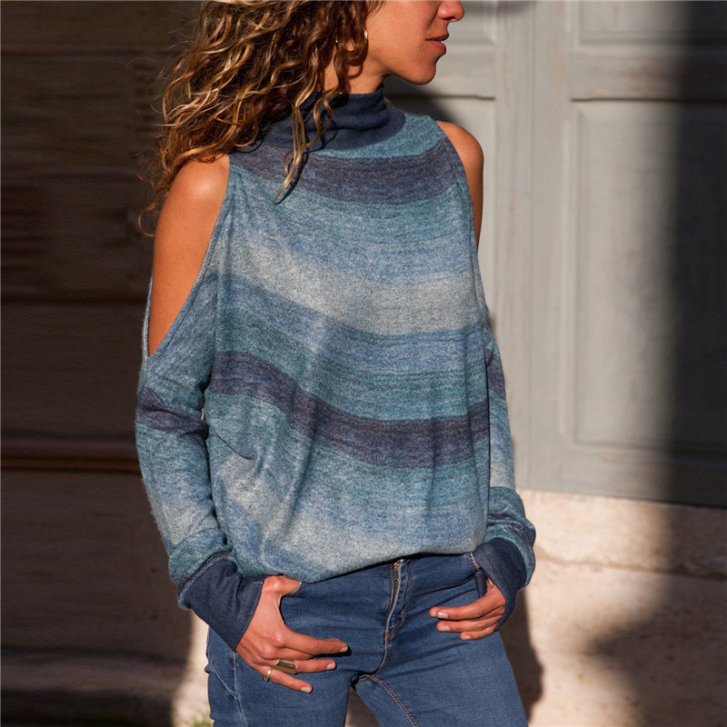 

Septhydrogen Brand Women Blouses Sexy Cold Shoulder Tops Casual Turtleneck Knitted Top Jumper Pullover Print Long Sleeve Shirt Blusas