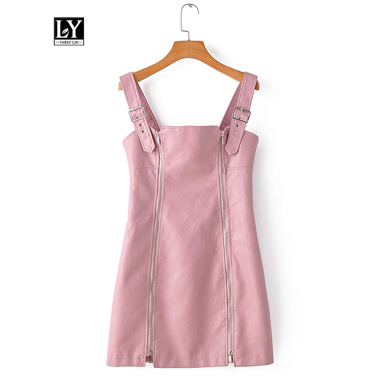 

Ly Varey Lin New Women Pu Faux Leather Dress Sexy Strapless Overall Mini Dress Slim Zipper Black Pink High Waist Vestidos, Beige