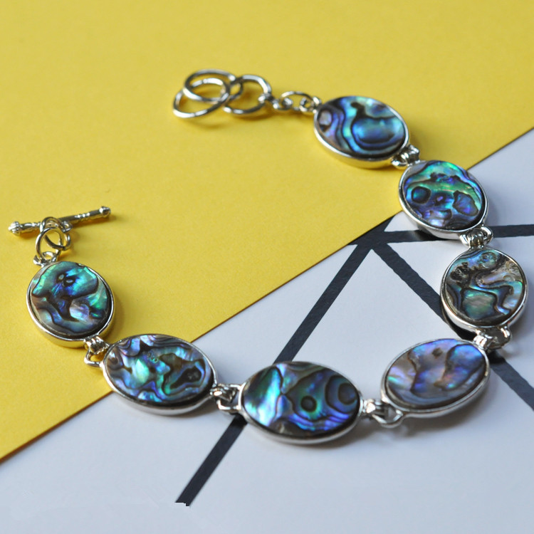 

Oval Fashion Blue Green Abalone Paua Shell Jewelry Link Chain Bracelet with Toggle Clasp 5 Pieces, Black