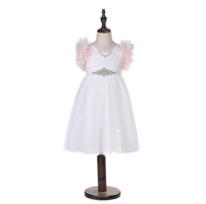 

Girls lace embroidery dresses kids tiered ruffle fly sleeve princess dress children rhinestones belt tulle party clothing F3899, White