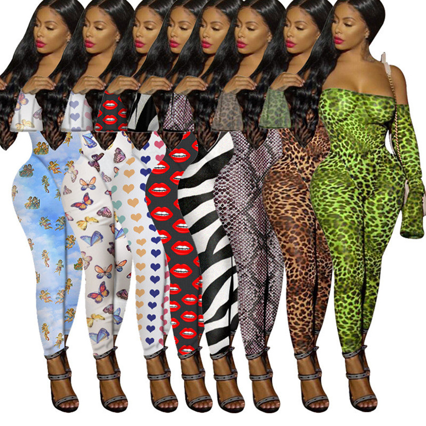 Women sexy off shoulder jumpsuit leopard print rompers casual bodysuit fashion night club one piece pants slim clubwear summer clothes 2664