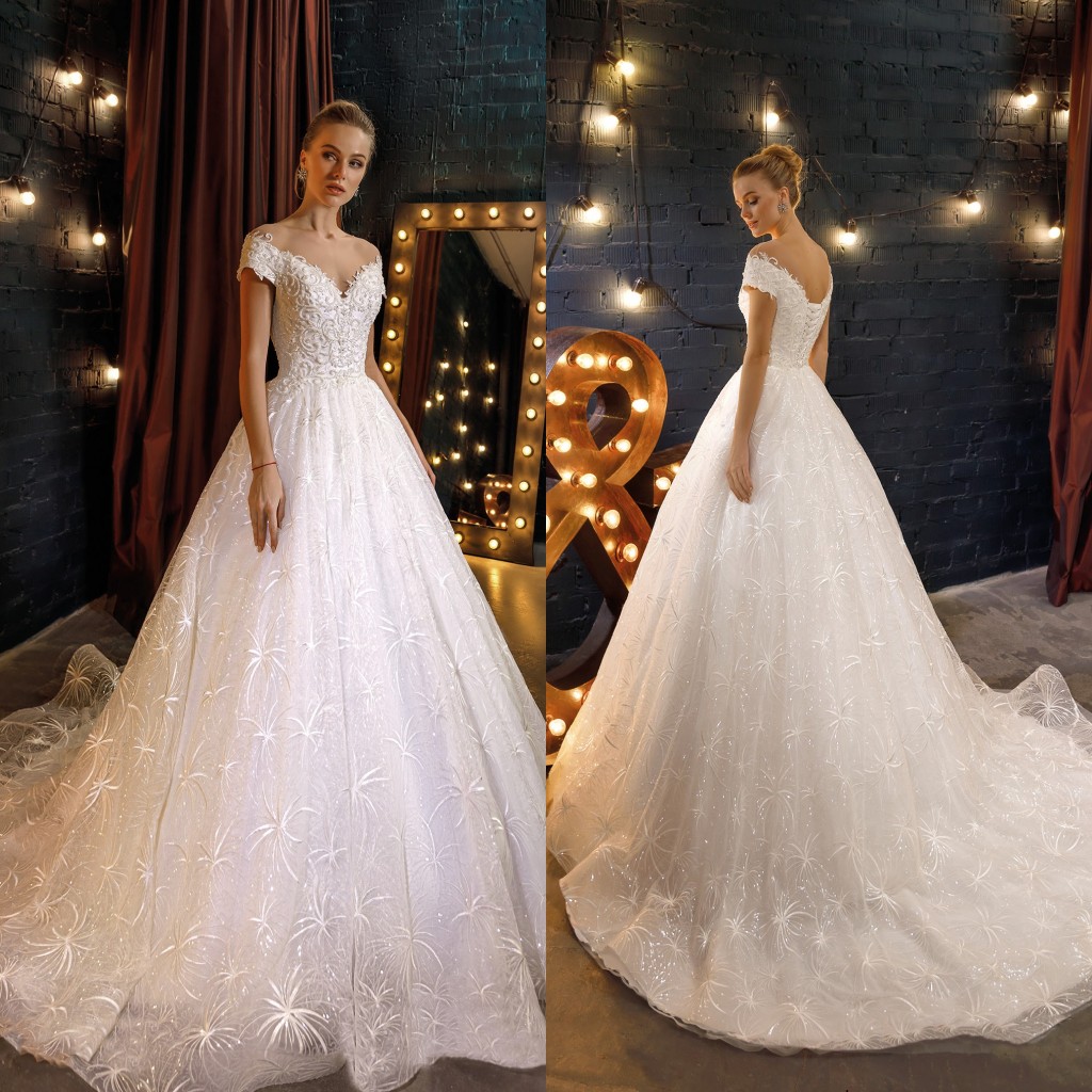 

2020 Wedding Dresses Off Shoulder Short Sleeves Lace Appliques Bridal Gowns Custom Made Lace-up Back Sweep Train A Line Wedding Dress, Black