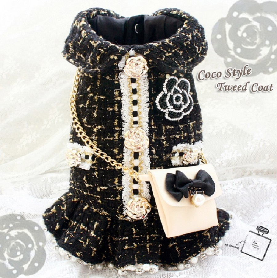 

Handmade Dog Apparel vintage luxury black gold retro camellia C brooch chain bag tweed coat pet clothes cats outfit dropshipping, Camellia brooch