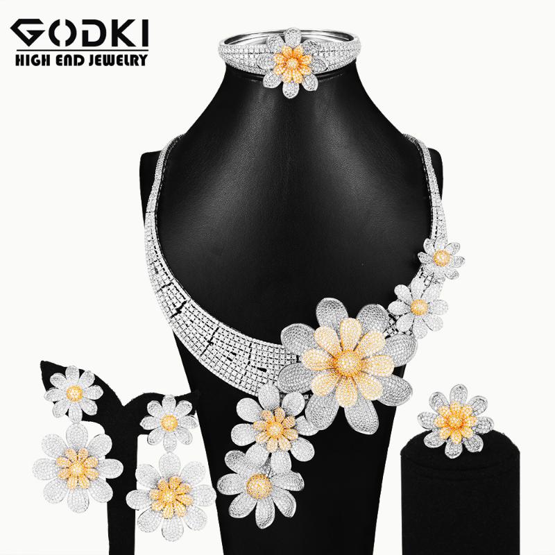 

Earrings & Necklace GODKI Super Big 4PCS Daisy Flower African Jewelry Set For Women Wedding Cubic Zirconia Dubai Bridal Costum, As pic