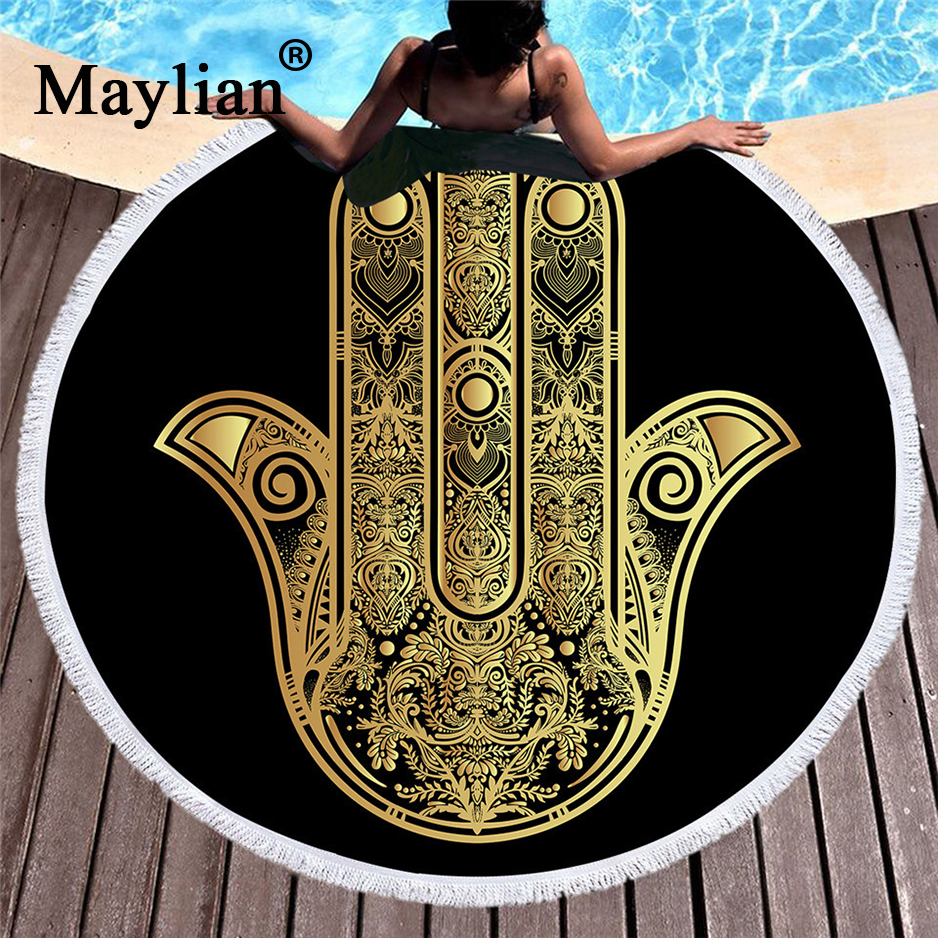 

Microfiber Round Beach Towel for Adults Summer Toalla Tassel Yoga Mat Hamsa Hand Printed T63, As pic