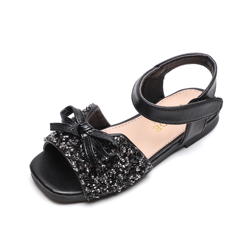 

Girls Wedding Sandals Rhinestone Sweet Princess Kids Flat Dress Sandals Children's Bow-knot Summer Shoes Soft For Party Show New, Black