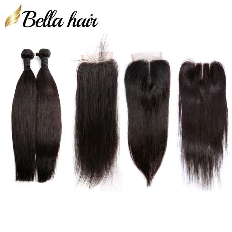 

Straight Peruvian Virgin Hair Weft with Lace Closure 4x4 Free Part Middle Part 3 Parts Top Closures 3 Bundles Extensions BellaHair, Free part with bundle hair