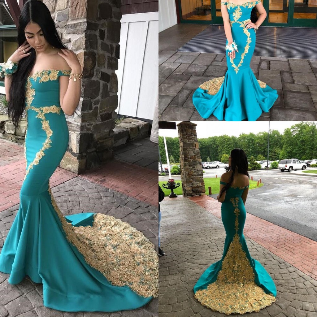 

Hunter Green Satin Mermaid Long Prom Dresses 2020 Off The Shoulder Gold 3D Floral Lace Applique Beaded Formal Long Party Evening Dresses, Black