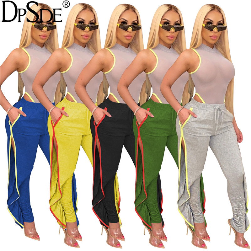 

DPSDE 2020 hot sale fashion women street casual style long pants elastic striped high waist pockets long movement pants, Black
