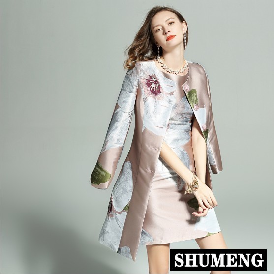 

2019 Spring and Autumn Women' Round Collar Long Sleeve Jacquard Long Trench Coat Ladies Elegant Wind Coat Slim Outwear, Only dress
