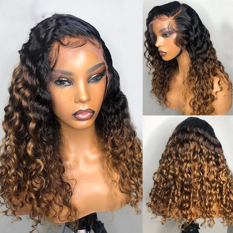 

PAFF Ombre Honey Blonde Curly Human Hair Wig Brazilian Remy Preplucked 13X4 Lace Front Wig Glueless Baby Hair For Women, Ombre color