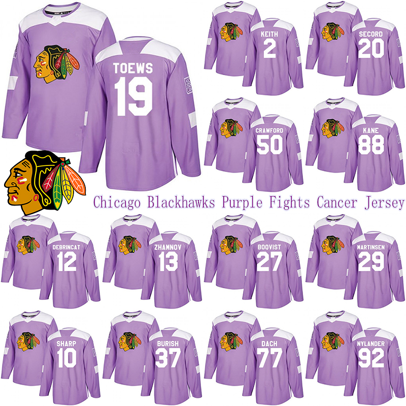 

Chicago Blackhawks Purple Fights Cancer Jersey 19 Toews 88 Kane 2 Duncan Keith 12 DeBrincat 50 Corey Crawford 00 Griswold Hockey Jerseys