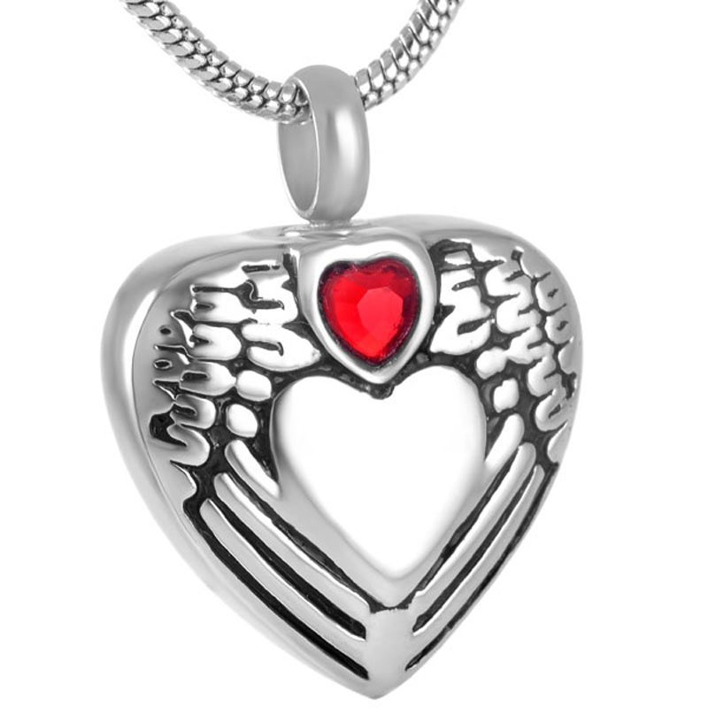 

Z135 Angel Wing Wrapped Heart Cremation jewelry for loved ones ashes Hold Red Crystal Memorial Urn Pendant Jewelry Holder, Silver