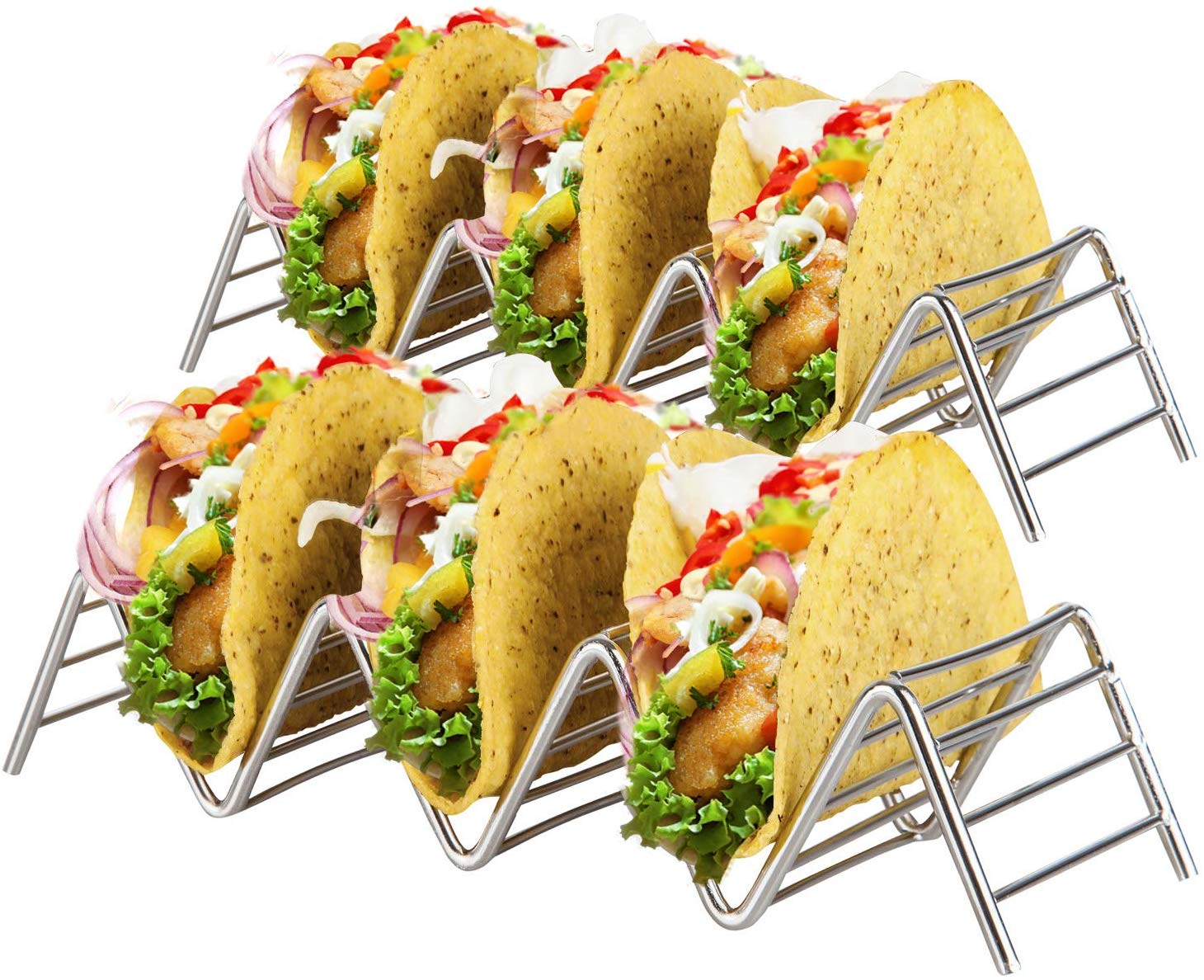

Stainless Steel Taco Holder Stand 2 Wire Metal Tray Holders For Serving Up Soft & Hard Shell FoodSafe Taco Trays Great for Kids or Parties