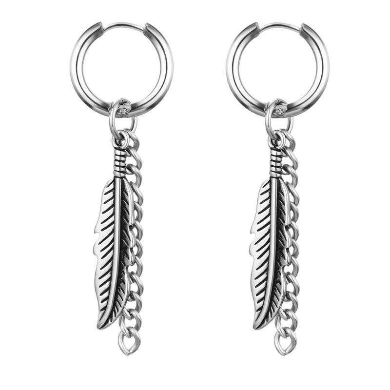 

Hoop & Huggie Stainless Steel Feather Tassel Tiny Circle Huggies Earrings Retro Silver Color Hoops Kpop Small Ear Ring Jewelry