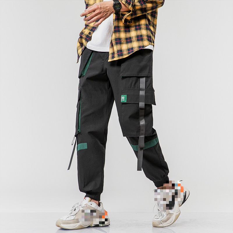 

Januarysnow Brand Designer Ribbons Streetwear Joggers Men Casual Slim Mens Joggers Pants Multi-pockets Ankle-length Harem Trousers Men, Black