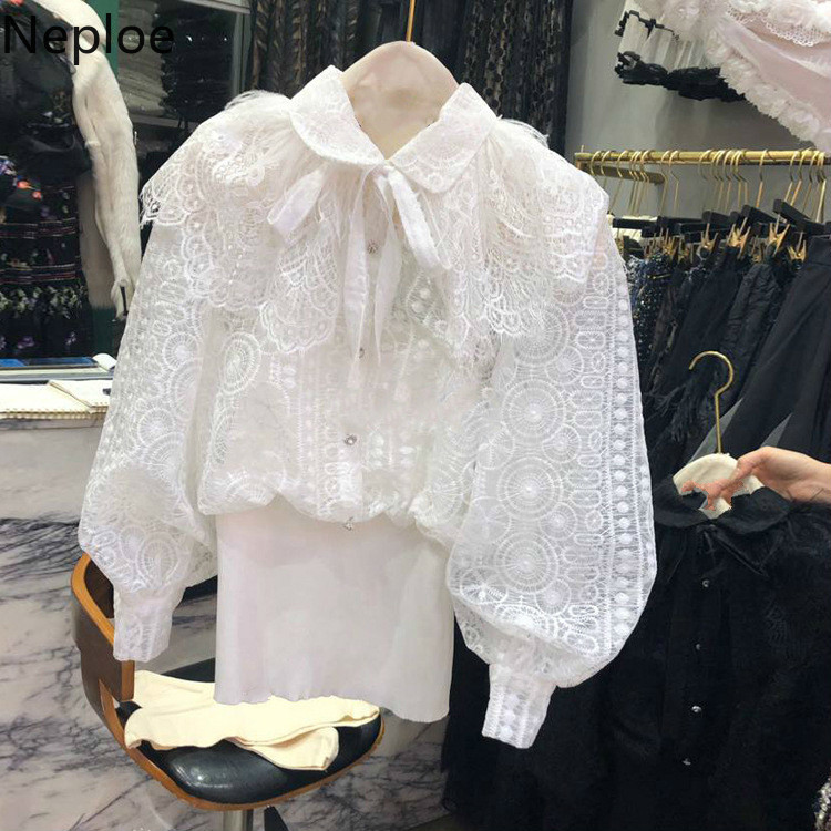 

Neploe Lace Hokk Hollow-out Blusas Top Women 2020 Spring New Korean Women Shirt Ruffle Patchwork Slim Waist Short Blouse 58657, White