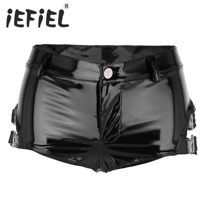 

iEFiEL Fashion Women Shorts Wet Look Patent Leather Low Rise Clubwear Mini Shorts Hot with Buckles Nightwear Clothes, As pic
