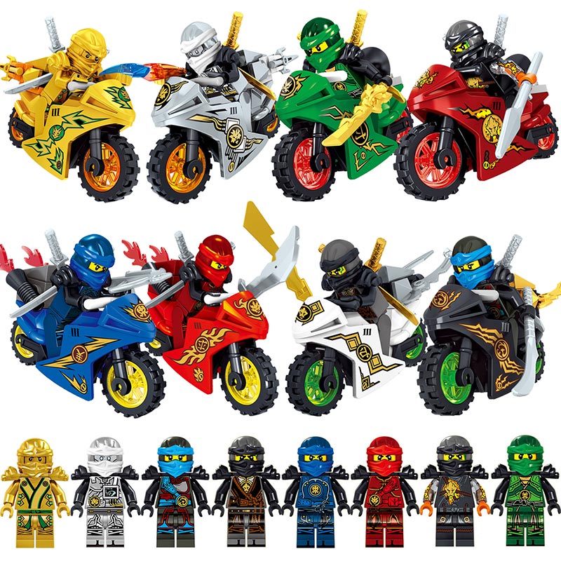 

8pcs Ninja with Motorcycle Kai Jay Zane Cole Lloyd Gold Ninja Weapon Sword Mini Toy Action Figure Building Block Brick Toy Compatible with