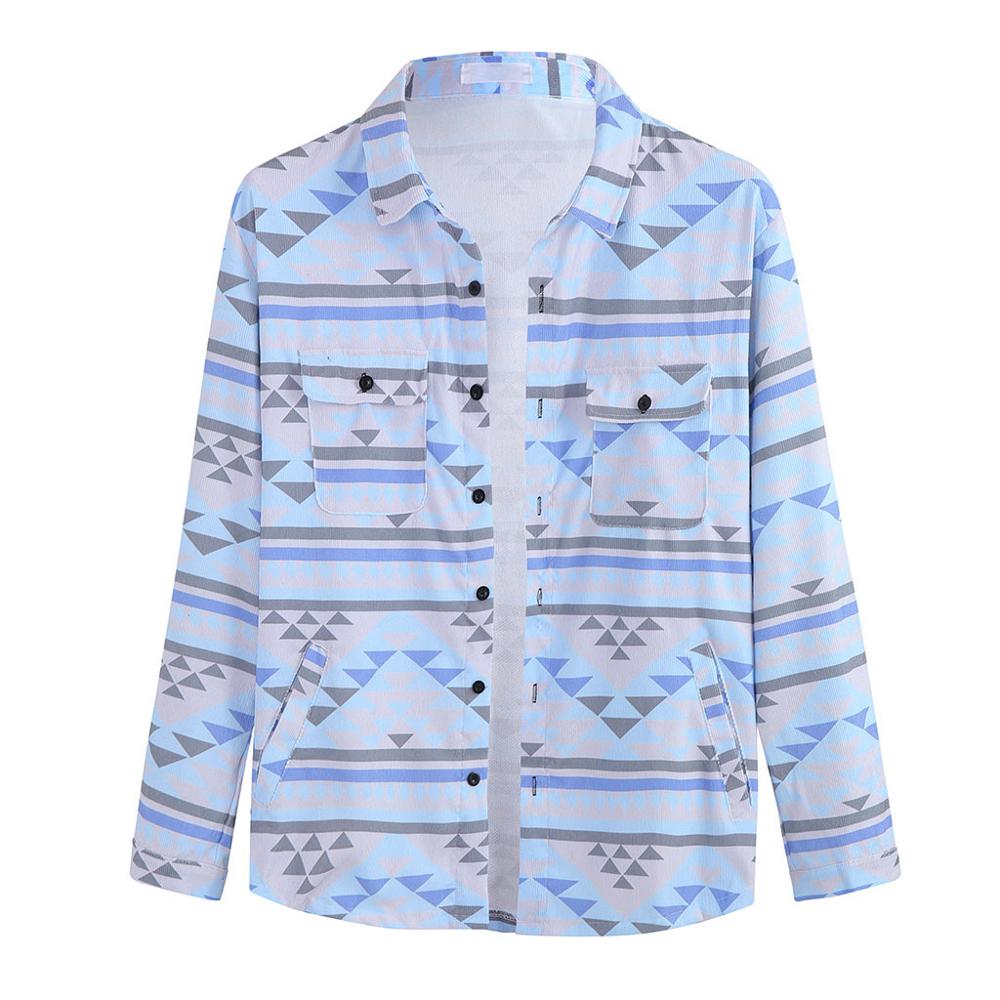 

Mens Fashion Shirts Abstract Printing Long Sleeve Tops Male Spring Autumn Corduroy Casual Blouse Clothing With New Brand, Blue