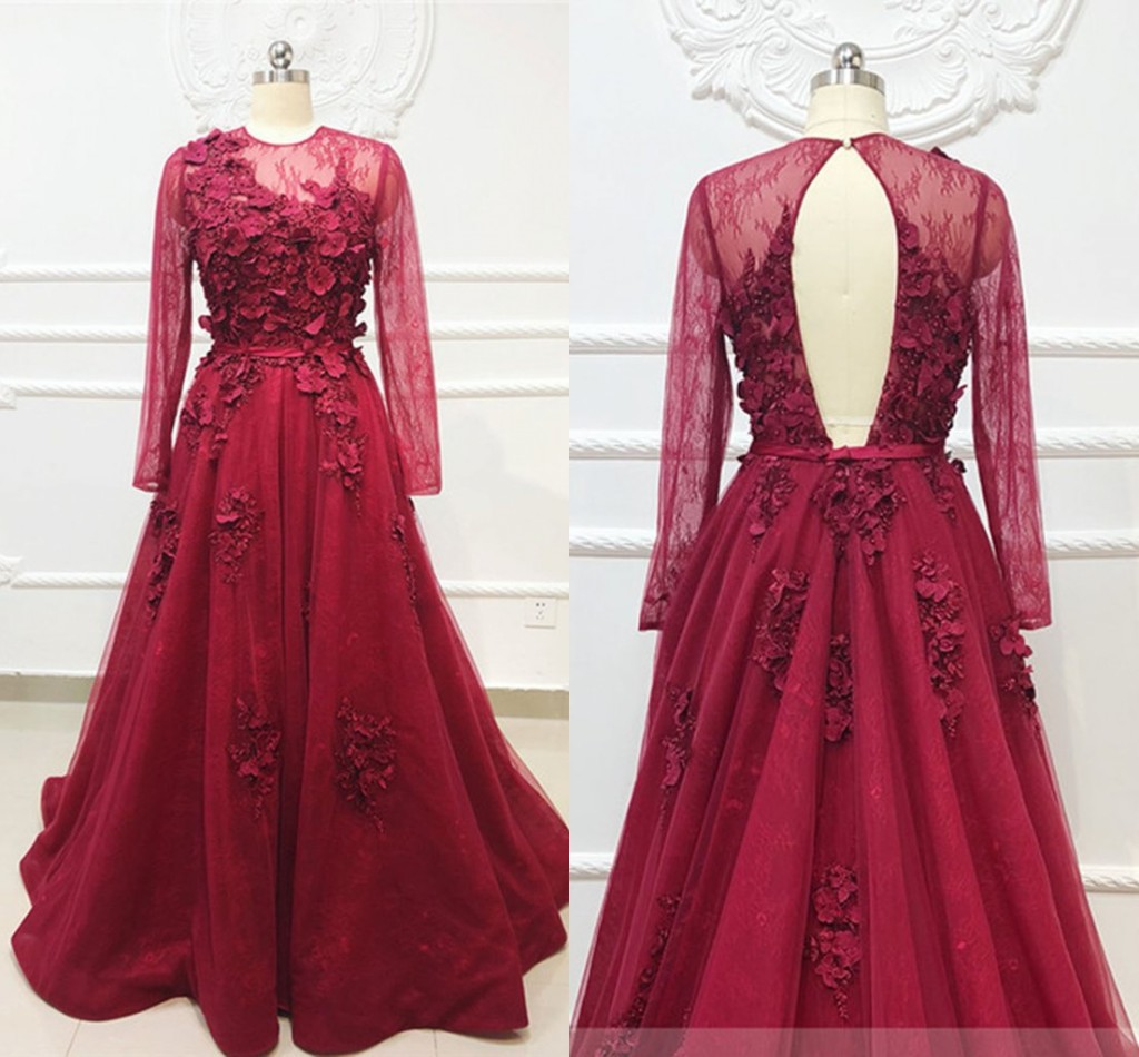 

Sexy 3D Floral Flowers Burgundy Lace Evening Dresses Special Occason Party Dress Long Sleeves Hollow Back Sheer Neck plus size Cheap, Orange