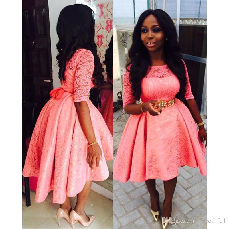 

2020 Short Elegant Coral A Line Prom Dress Hi Lo Gown Half Sleeve Long Party Prom Dresses, Chocolate