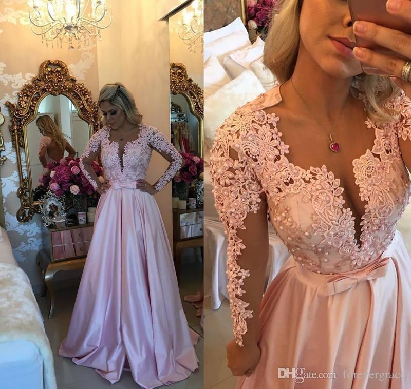 

2019 Pink Prom Dress New Arrival A Line V Neck Long Sleeves Formal Holidays Wear Graduation Evening Party Gown Custom Made Plus Size, Hunter