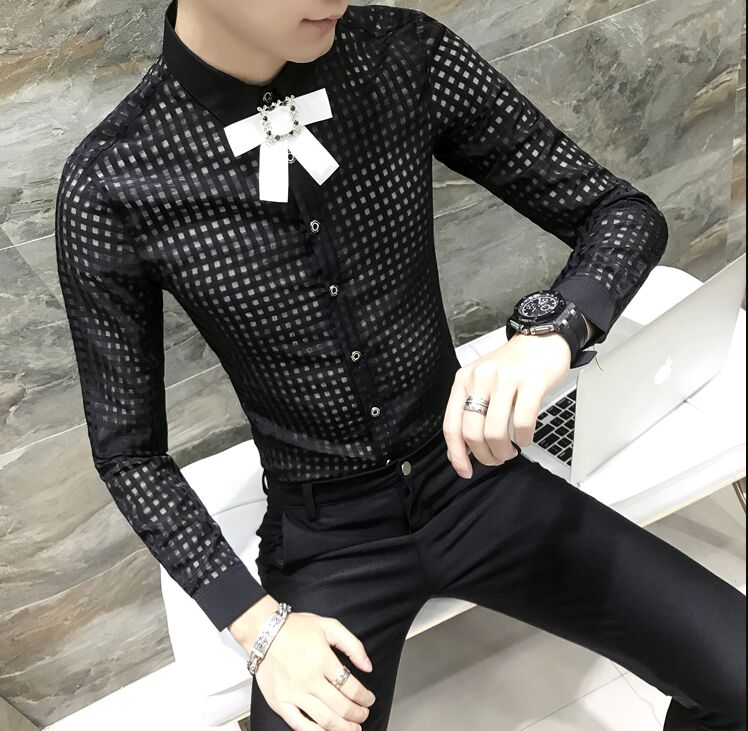 

New Non-mainstream Hair Stylis Men's Clothing Male Fashion slim Square hollowed Long sleeved Shirts Man Casual Tops with bow tie, Black