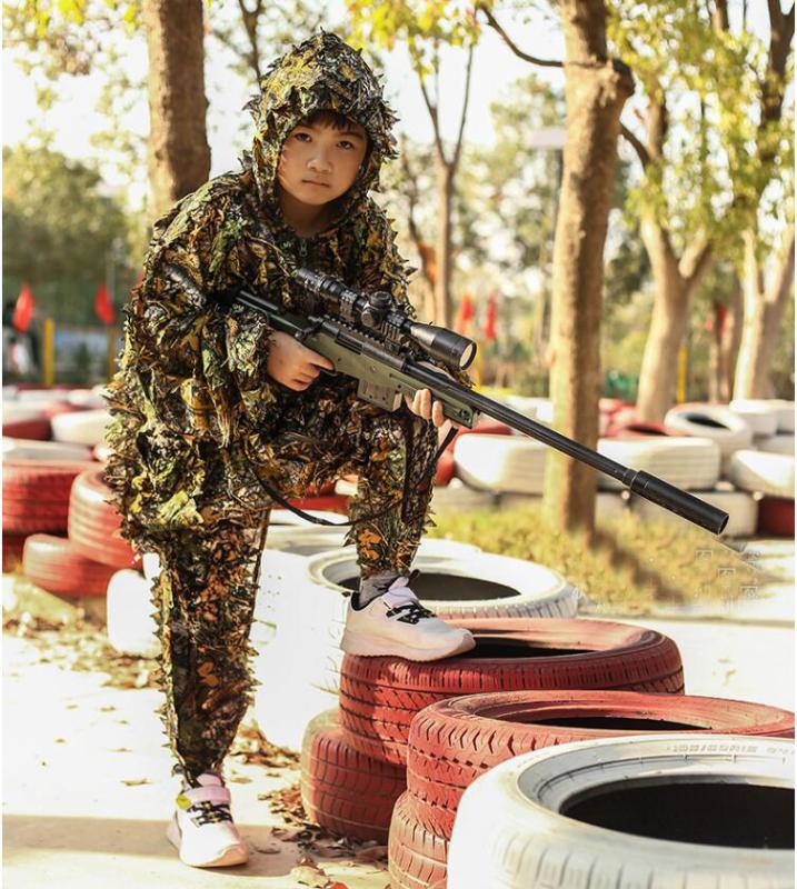 

Kids Outdoor Ghillie Suit Camouflage Clothes Jungle Suit CS Training Leaves Clothing Hunting Pants Hooded Jacket, Children cloak