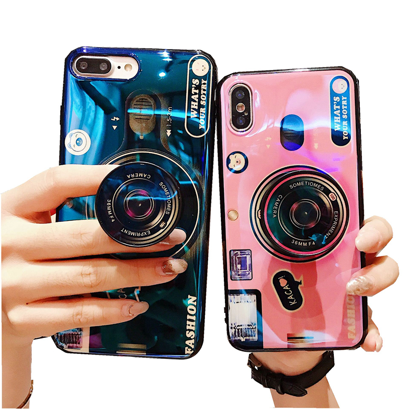 

For Iphone 11 12 pro xr xs max 8 7 6 plus phone kickstand case camera vintage Cartoon Laser Holder cover with mobile phone air bracket, Mix colors please remark