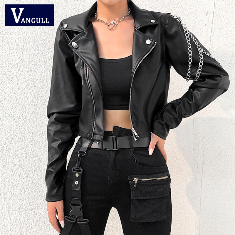 

Vangull Faux Leather Cropped Jacket Women Punk Harajuku Black Coat Woman Gothic Long Sleeve Overcoat With Chains 2020 Spring