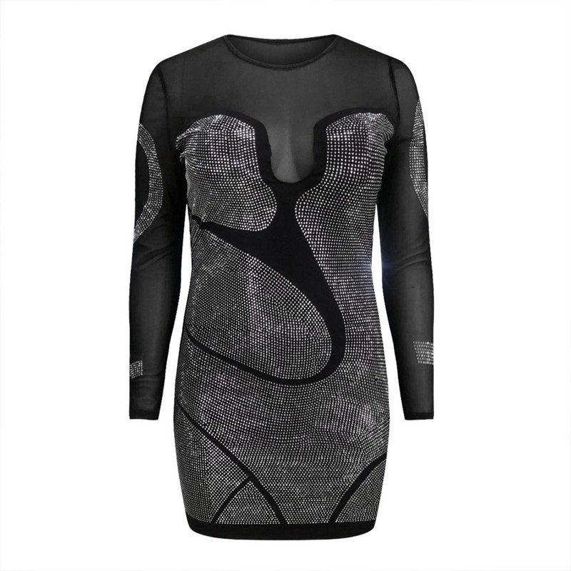 

Women Casual Bodycon Dresses Mini Long Sleeve Rhinestone Mesh See Through Hollow Out Sexy Club Party Dress Plus Size, Black