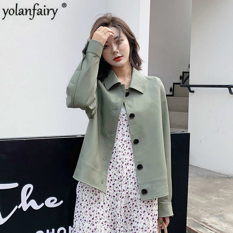 

2020 Women's Sheepskin Coat Genuine Leather Jacket Women Korean Short Spring Autumn Real Leather Jackets B19D01148 KJ4099, Green