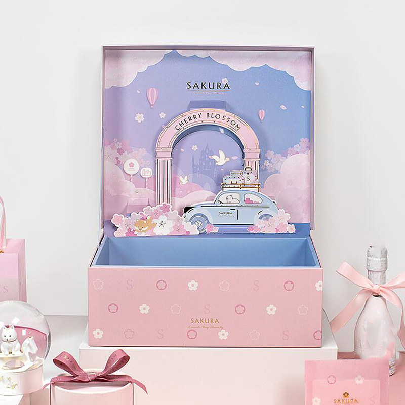 

Fashion Stereoscopic Gift Box Pink Blue 3D Elk Car Sakura Covered Bronzing Letters Wedding Party Candy Scarf Toy Paper Gift Box